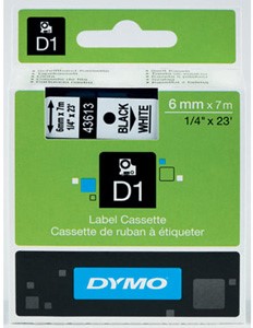Tarranauha dymo 6mm musta/valkoinen