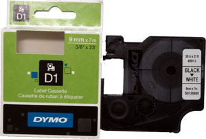 Tarranauha Dymo 9 mm musta/valkoinen