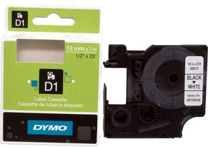 Tarranauha Dymo 12 mm musta/valkoinen