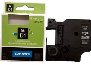 Tarranauha Dymo 12 mm valkoinen/musta